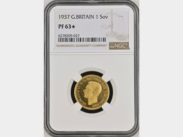 1937 GEORGE VI 'PLAIN EDGE' PROOF GOLD SOVEREIGN PF63*