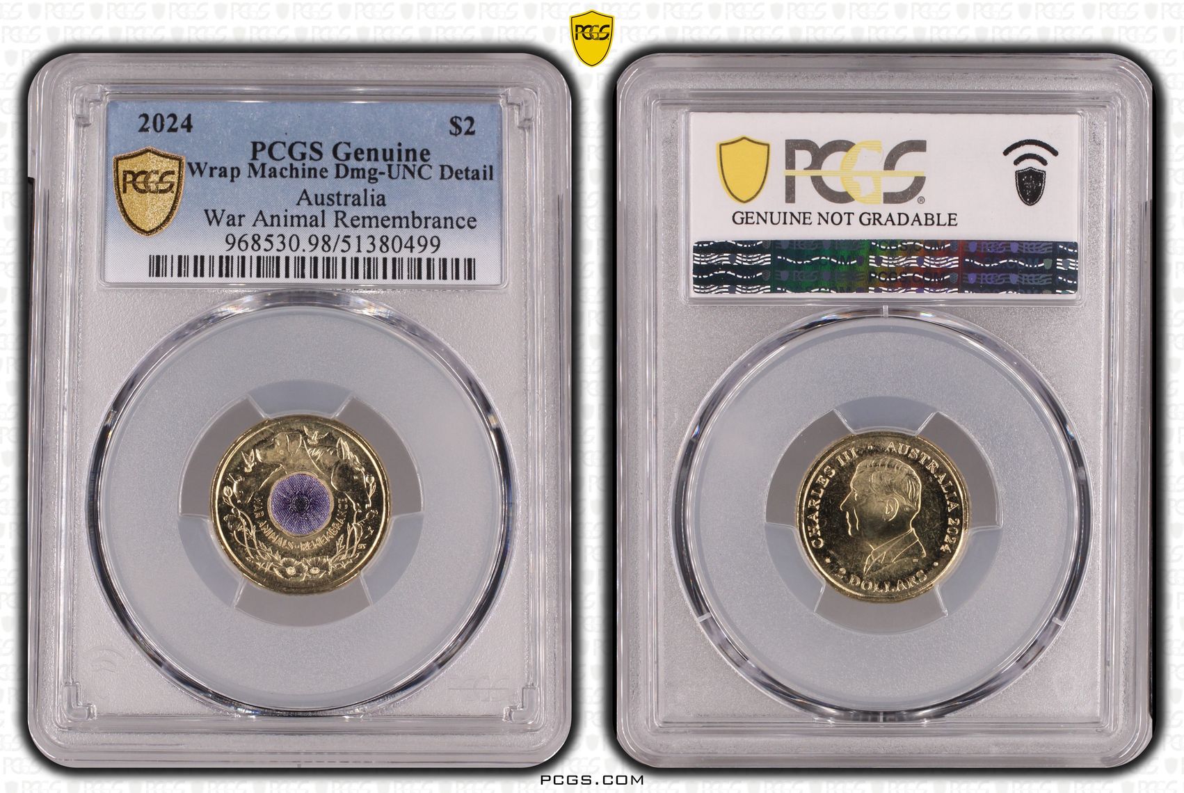 War Animal Remembrance Colorized, Two Dollar, 2024, PCGS Genuine - UNC Details (98 - Damage)