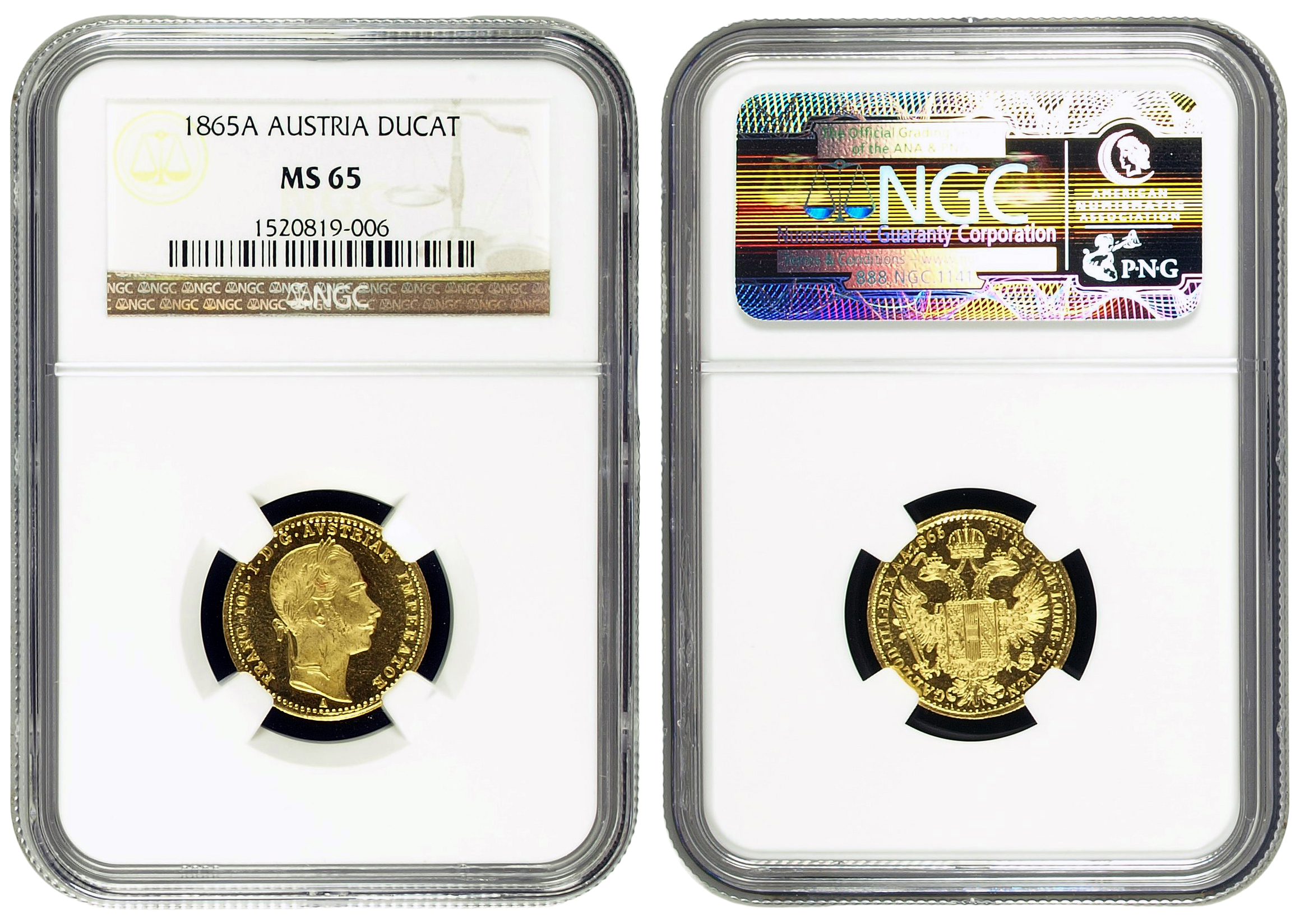 96 · Austria, Francis Joseph I, Ducat, 1865-A, NGC MS65