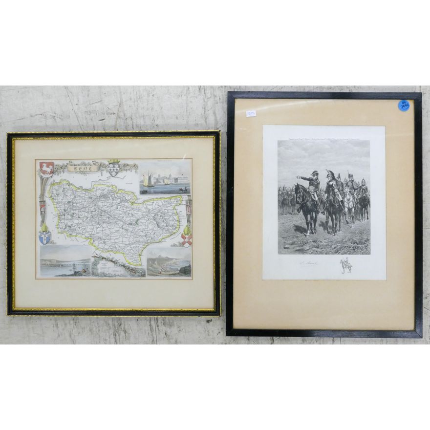2pc Antique Framed Map & Military Engravings 16''x12''