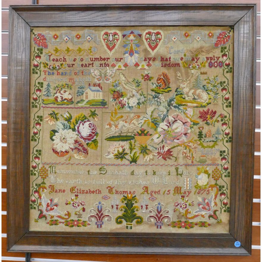 Antique 1875 Large Needlework Sampler Oak Framed 34.5''x31''