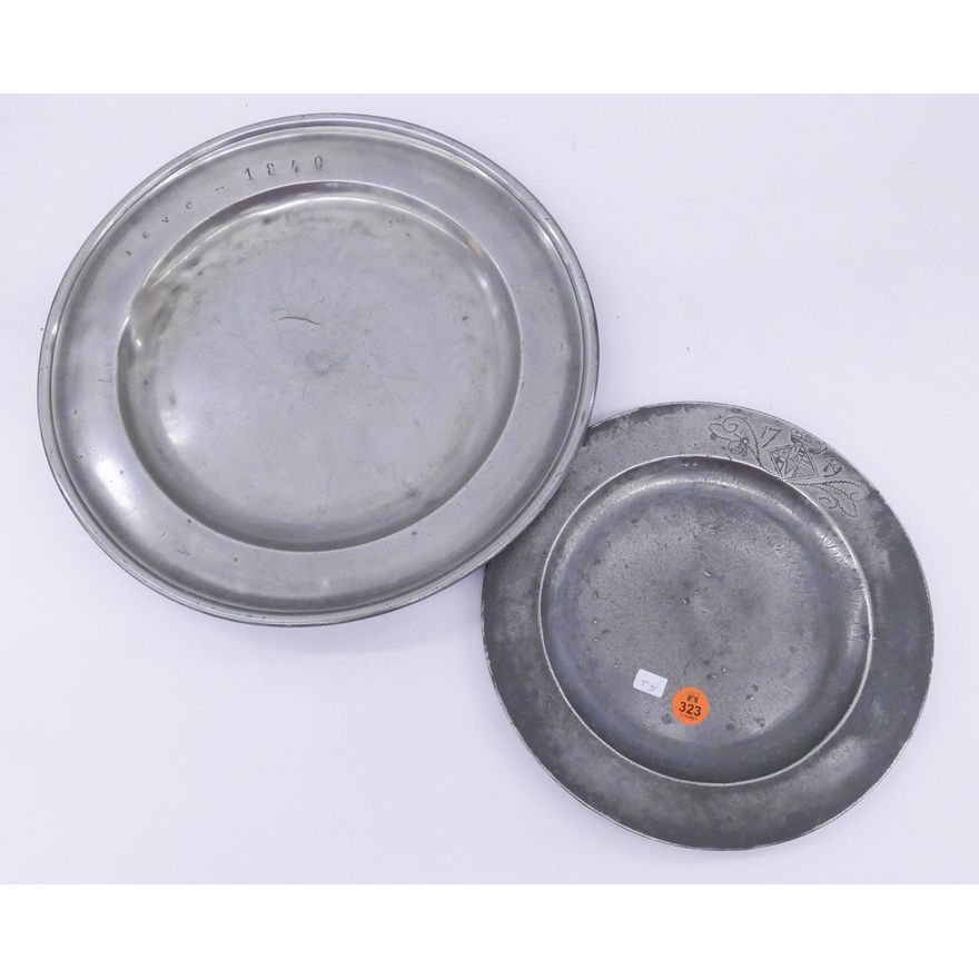 2pc Antique Pewter Plates - 18th & 19th Century- largest 9'' diameter