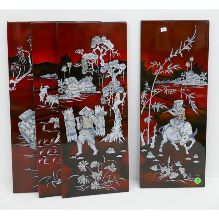 Set 4pc Asian MOP Lacquered Hanging Panels- 19x7.5'' each