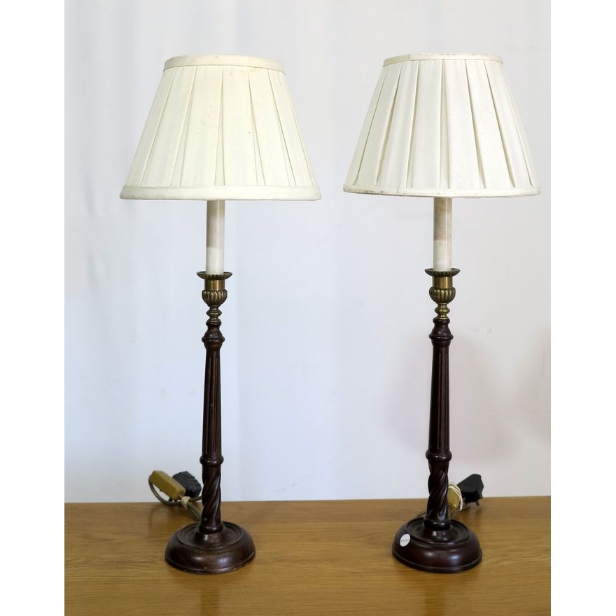 PAIR OF BRASS AND WOOD TABLE LAMPS