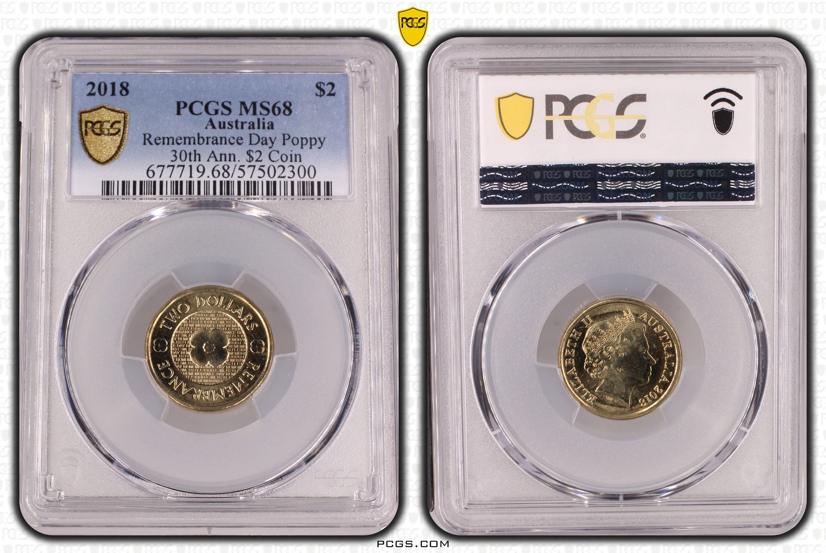 Remembrance Day Poppy 30th Ann. $2 Coin, Two Dollar, 2018, PCGS MS68