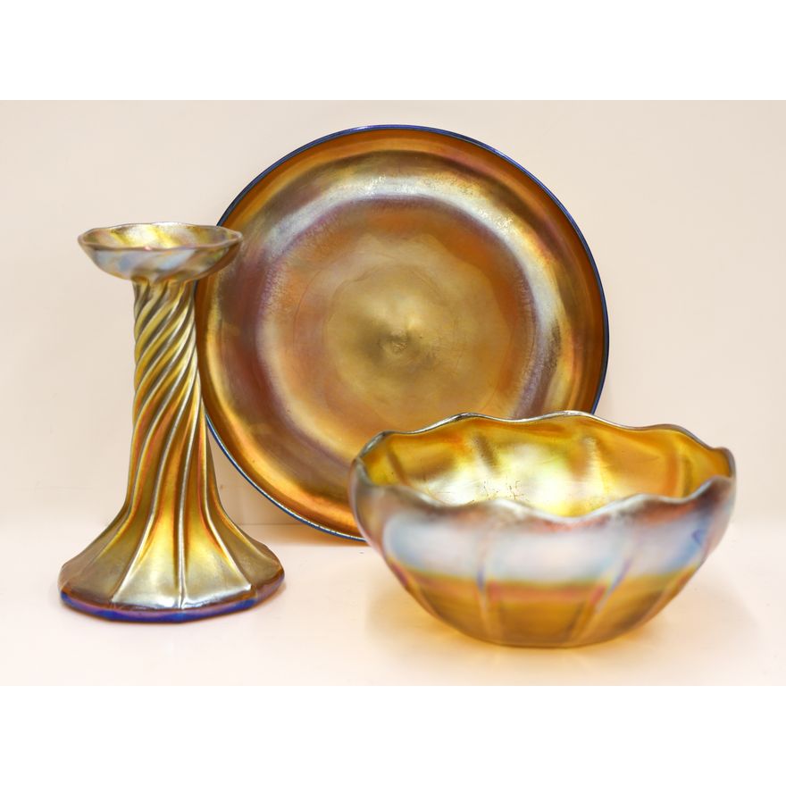 3pc L.C.T. Tiffany Favrile Gold Iridescent Glass