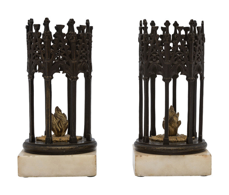 A Pair of English Gothic Revival Cast Iron and Marble Ornaments