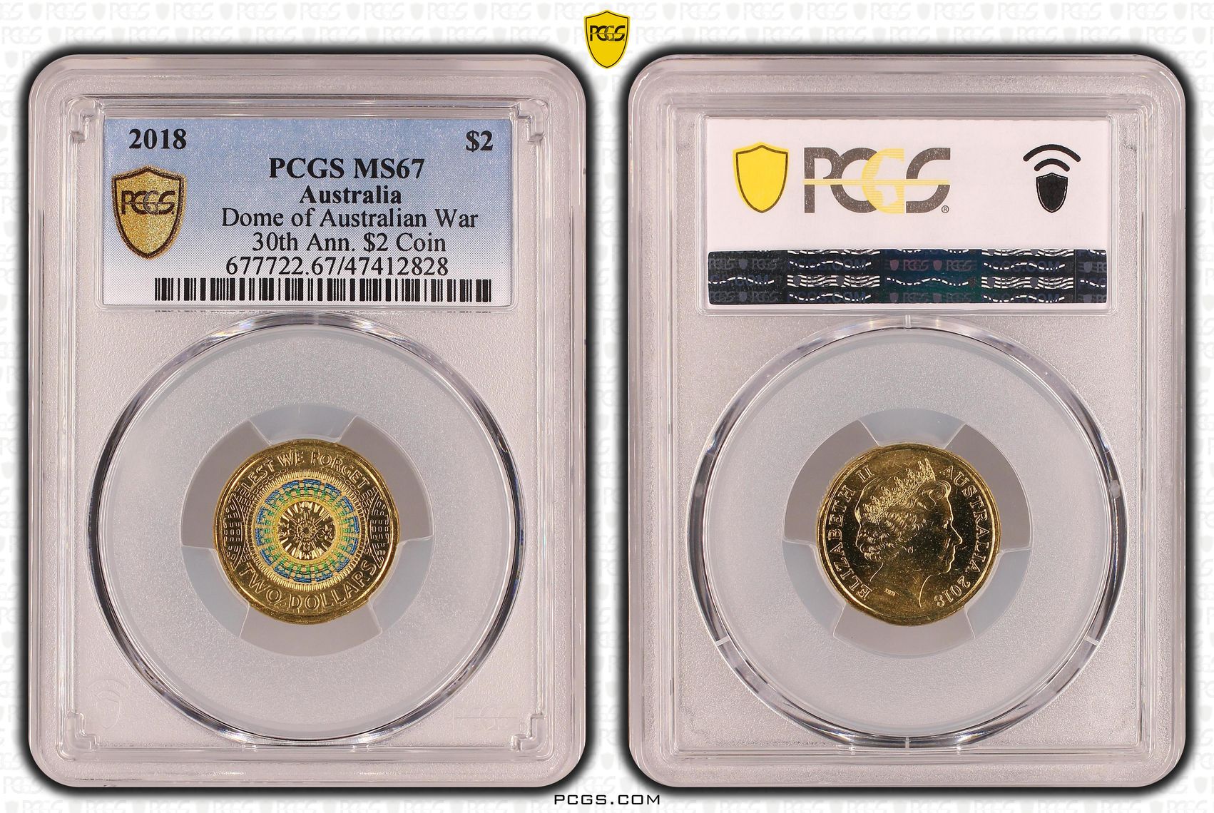 454 · Elizabeth II, Dome of Australian War Memorial 30th Ann. $2 Coin Colorized , Two Dollar, 2018, PCGS MS67