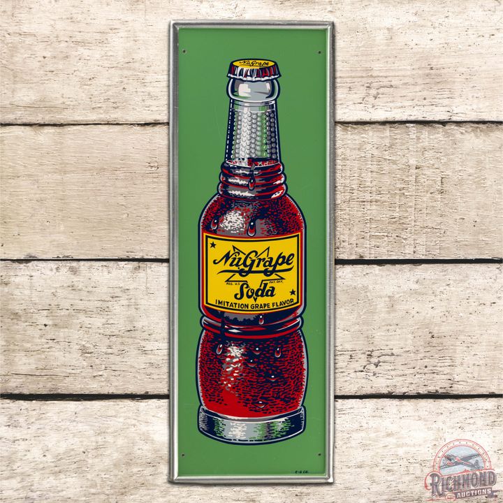 Striking NuGrape Soda Imitation Grape Flavor Vertical Single Sided Tin Sign w/ Bottle