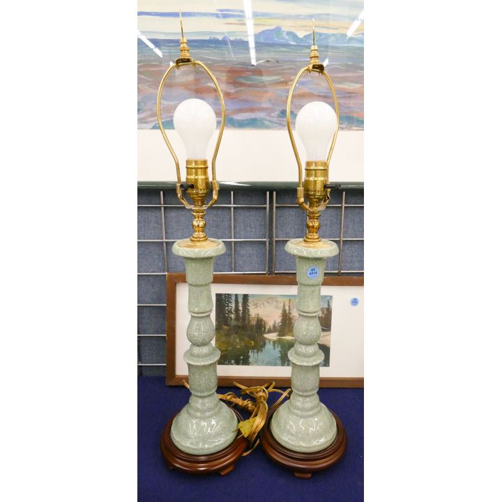 Pair Asian Style Celadon Crackle Table Lamps 27''