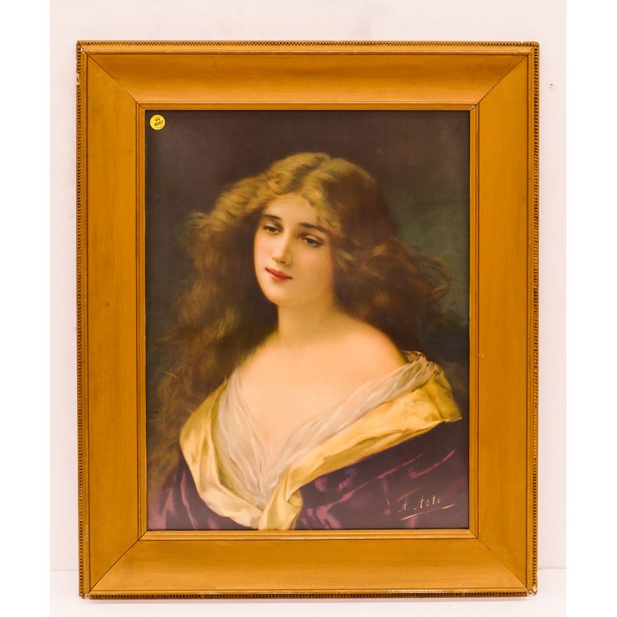 Antique Portrait of a Beauty Lithograph by Anglo Asti (c.1900). Framed. Measures 29x24''