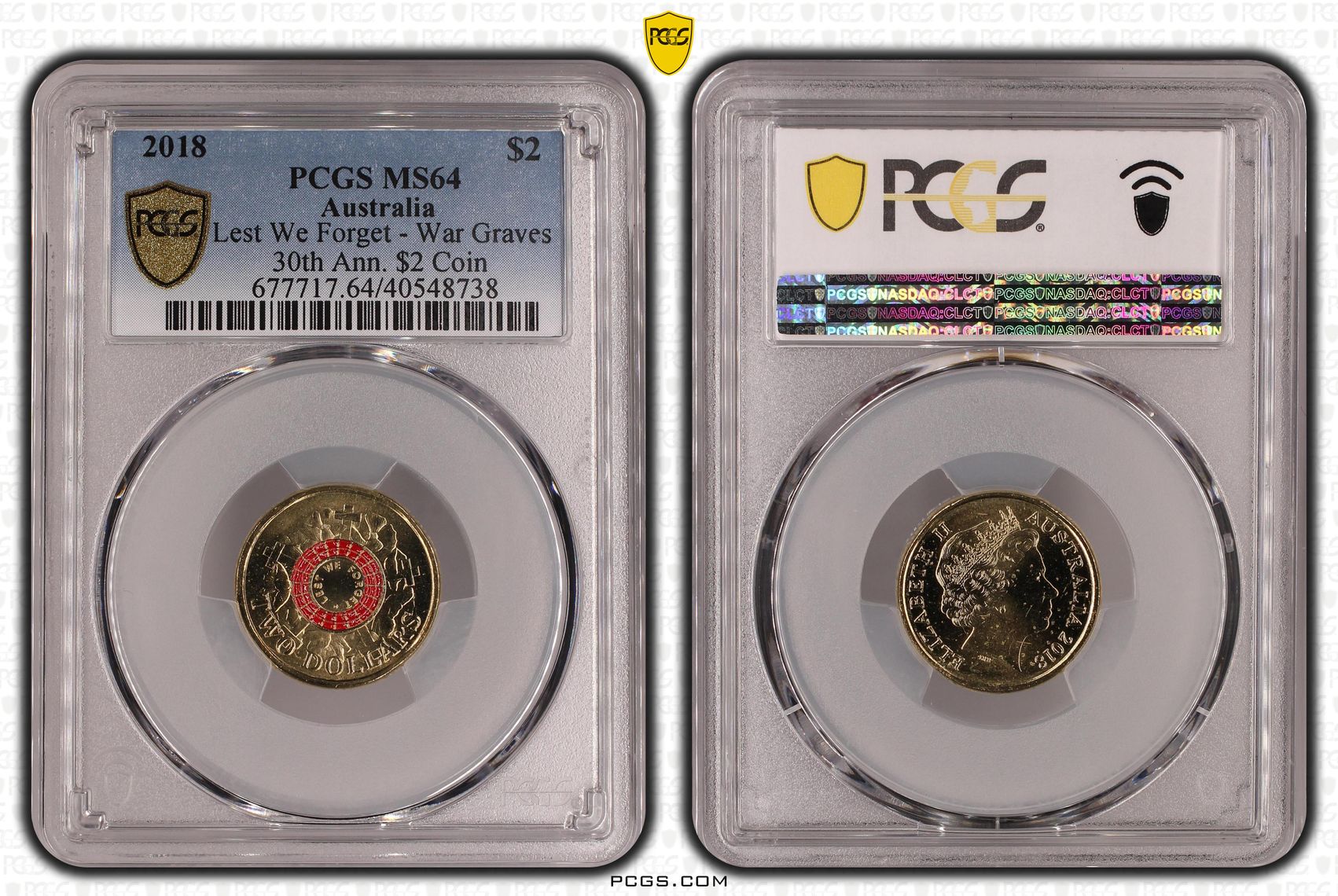 Lest We Forget - War Graves 30th Ann. $2 Coin Colourised, Two Dollar, 2018, PCGS MS64