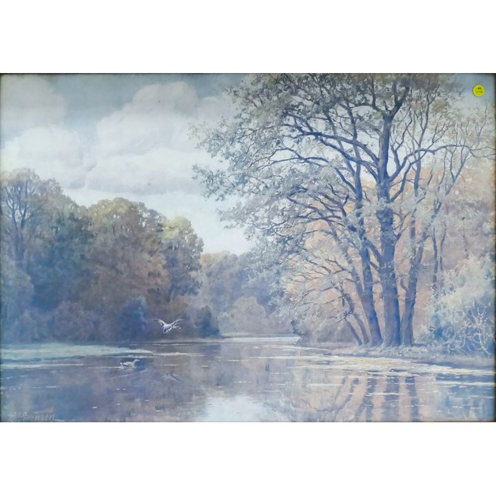 Vintage L. Sorensen Autumn Landscape Lithograph Framed 32''x41''