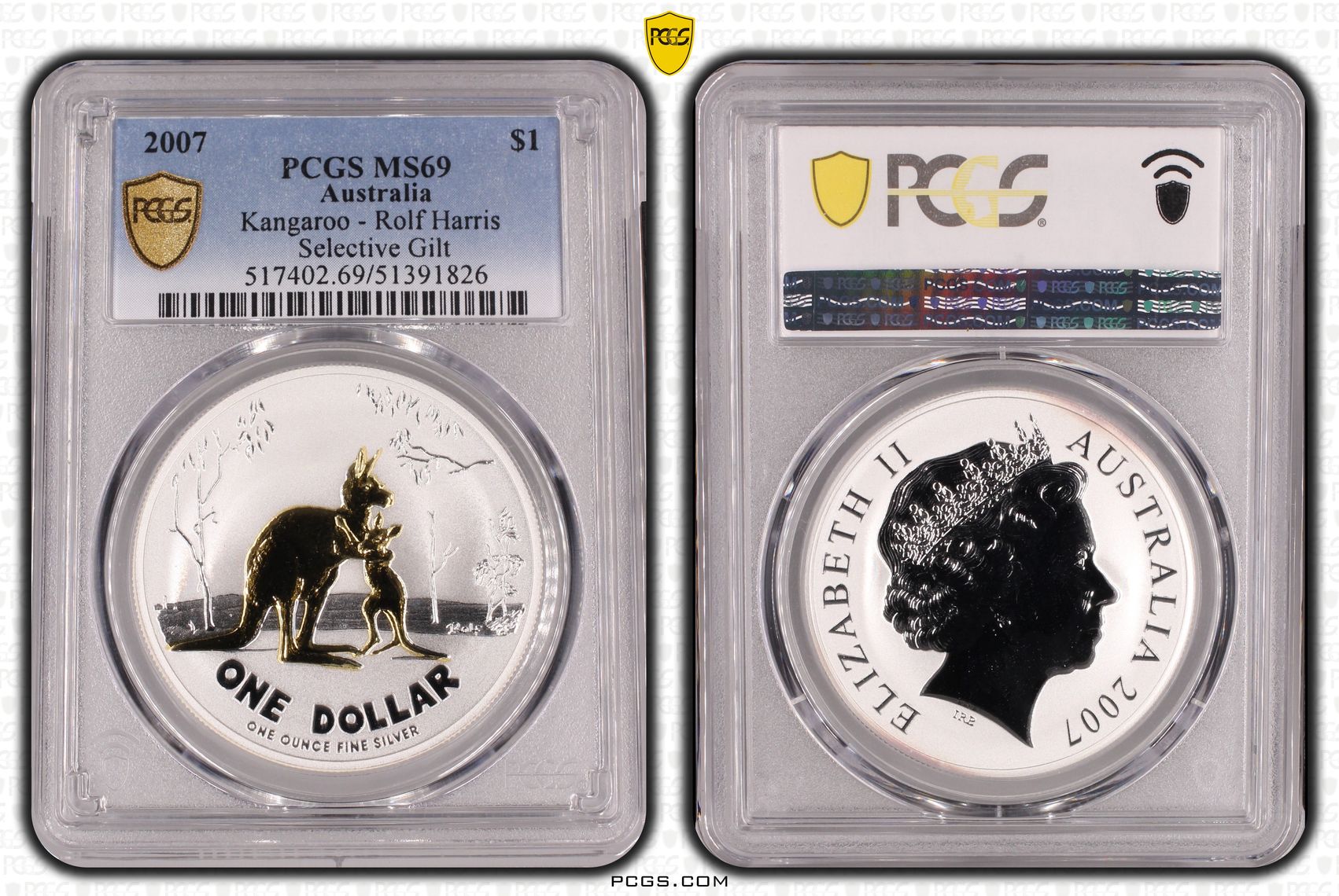 Kangaroo Ag-Rolf Harris-Selective Gilt, One Dollar, 2007, PCGS MS69