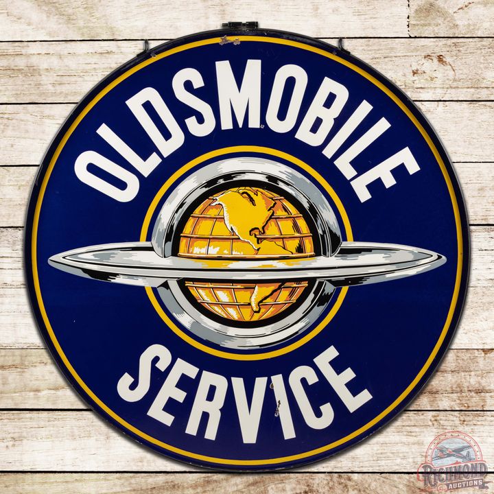 Oldsmobile Service 5' Double Sided Porcelain Sign w/ Ring "World Logo"