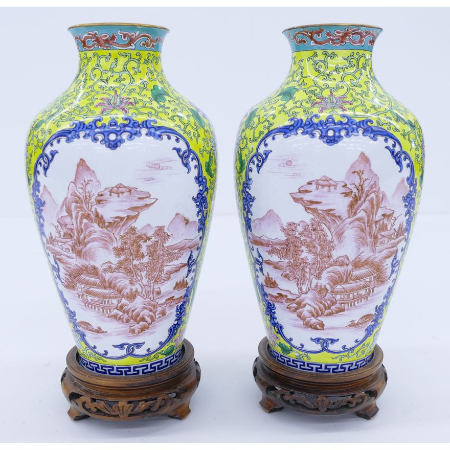 Pair Chinese Peking Enamel Landscape Vases