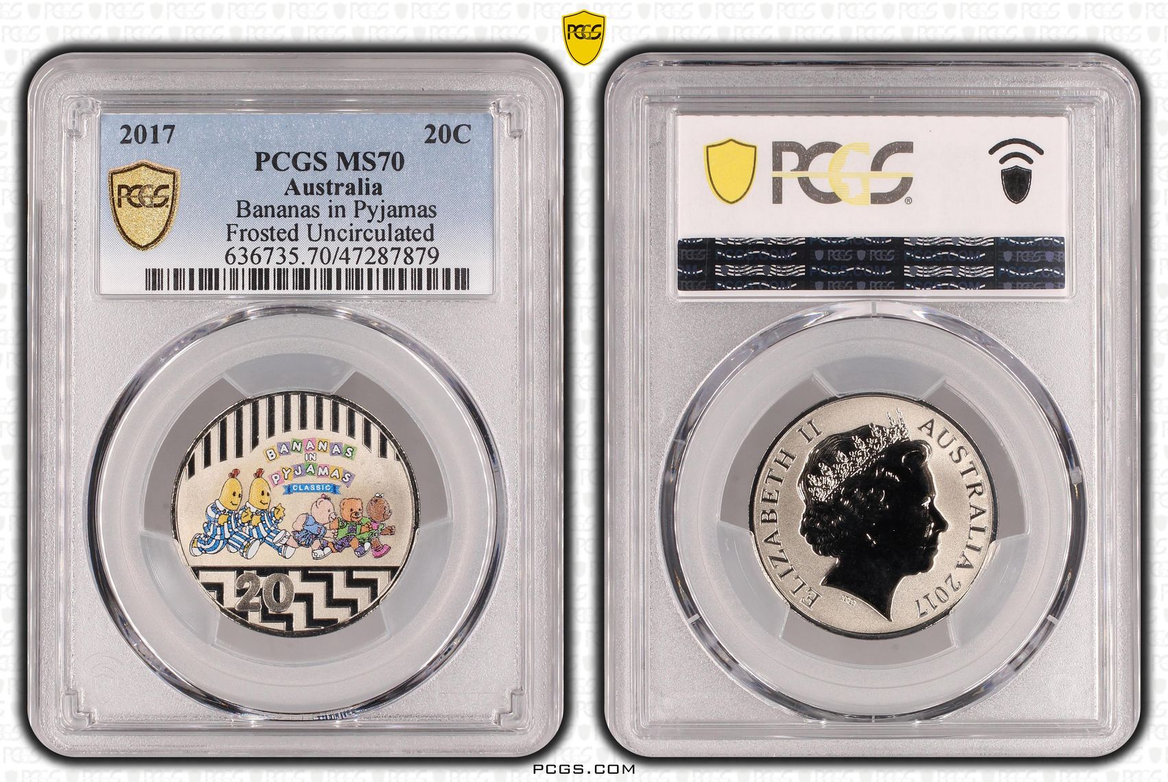 Elizabeth II, Bananas in Pyjamas Frosted Uncirculated, Twenty Cent, 2017, PCGS MS70