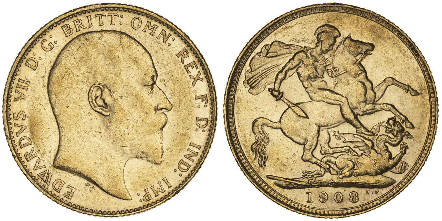 Edward VII, St George Reverse, Sovereign, 1908-S, aEF