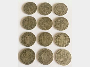 KING GEORGE V SILVER HALF CROWNS (12 COINS)