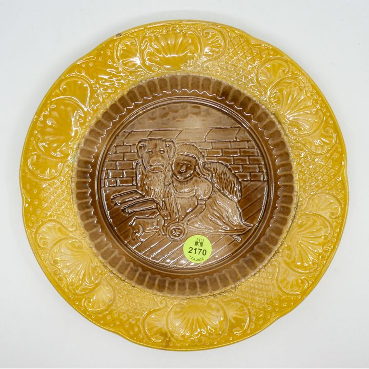 Antique Majolica Child with Dog Plate 8.25'' - Some edge roughness