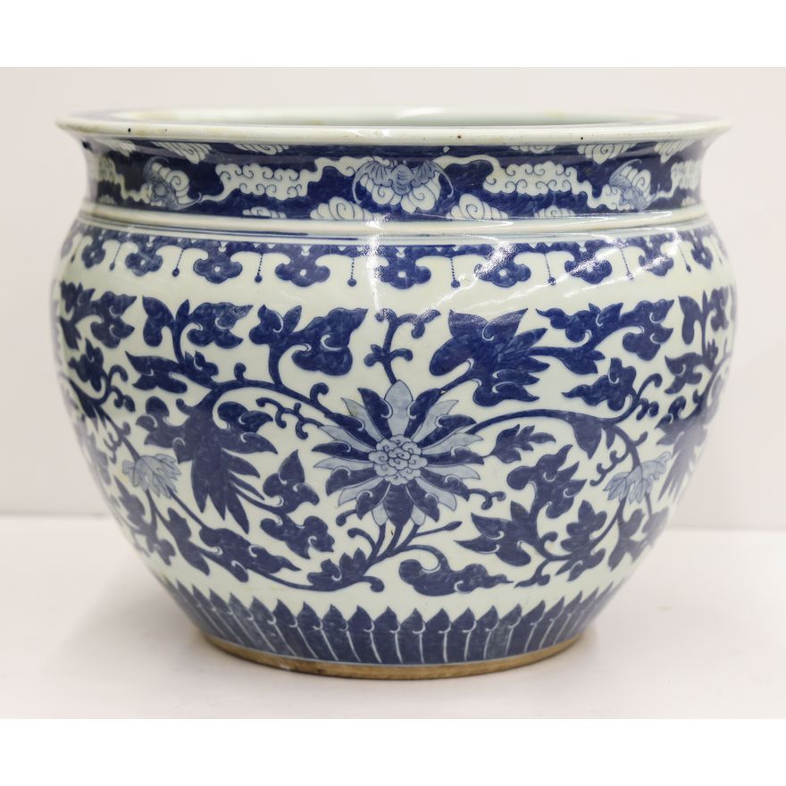 Large Chinese Blue & White Lotus Jardiniere