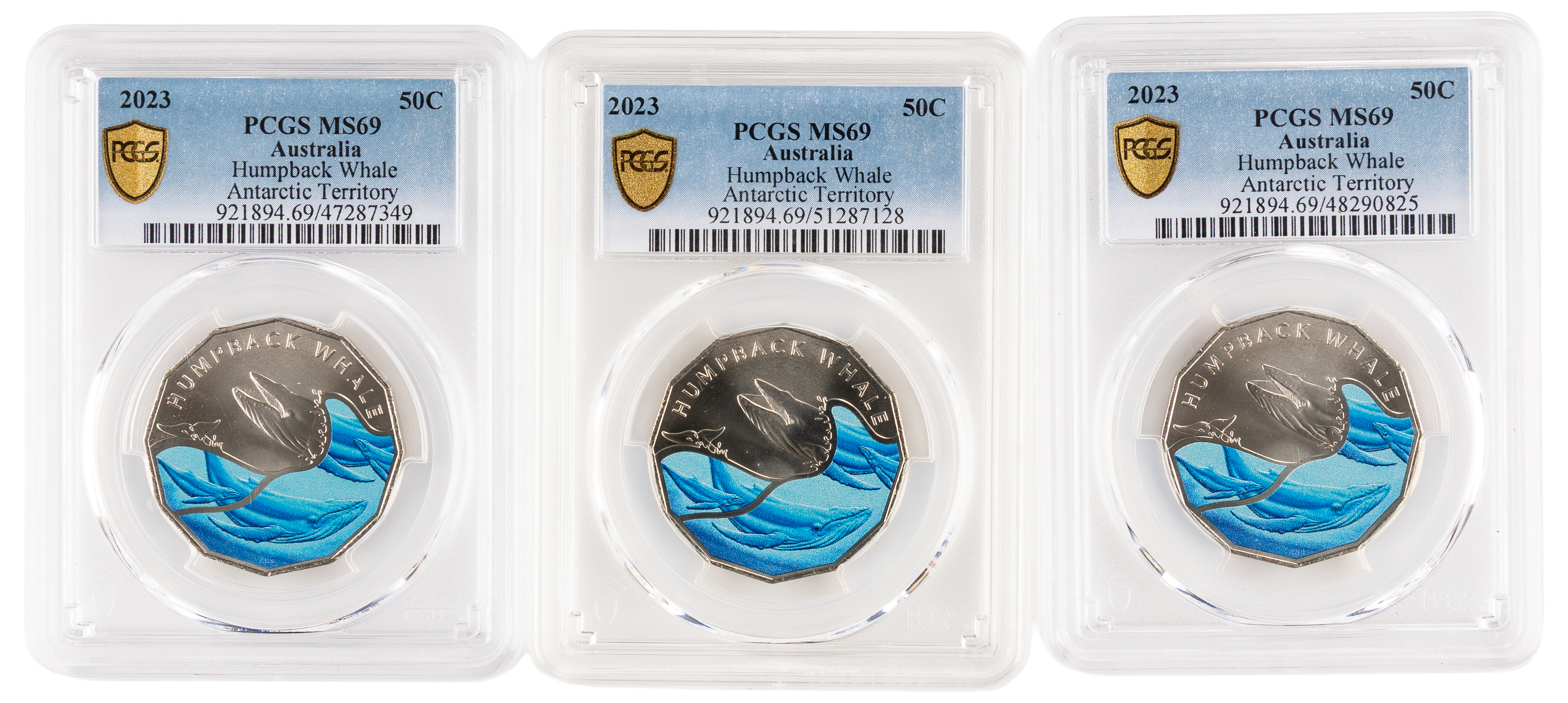 3x Emperor Penguin Colourised Antarctic Territory, Fifty Cent, 2023, PCGS MS69