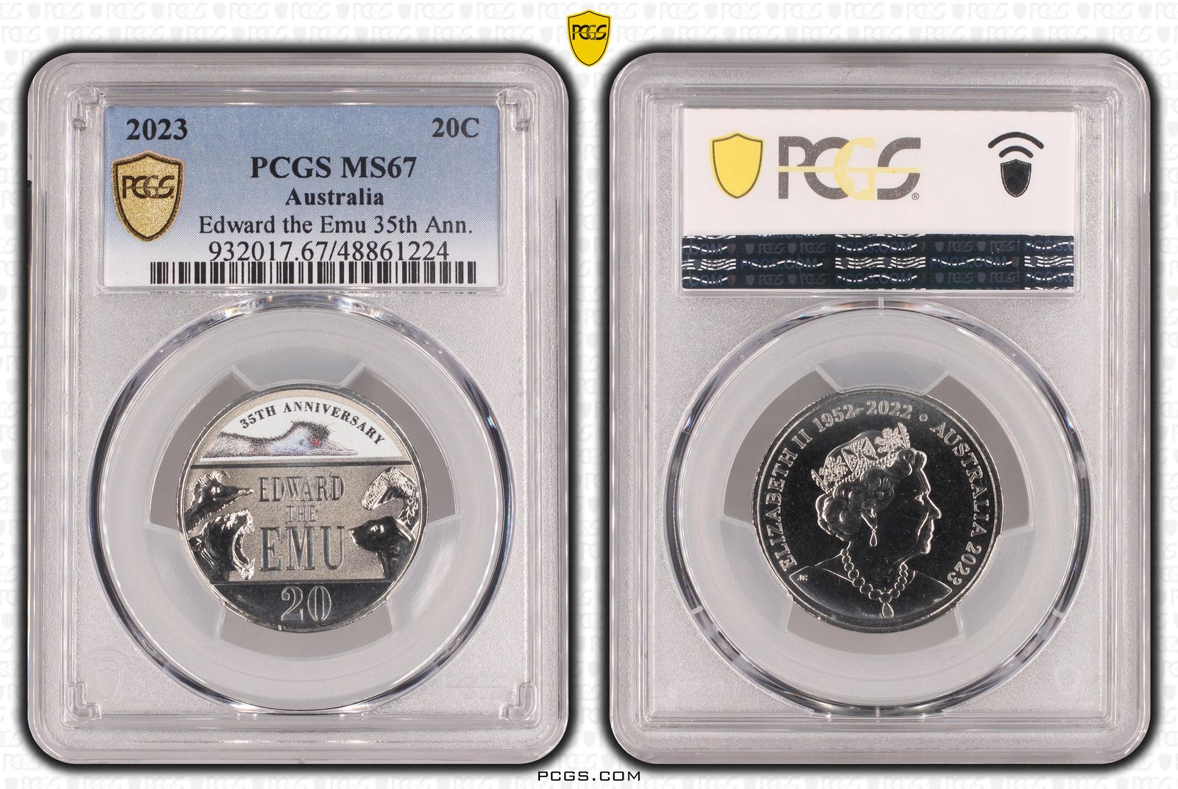 Edward the Emu 35th Ann. , Twenty Cent, 2023, PCGS MS67