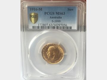 1916 King George V Melbourne Mint Gold Sovereign. PCGS Graded MS63