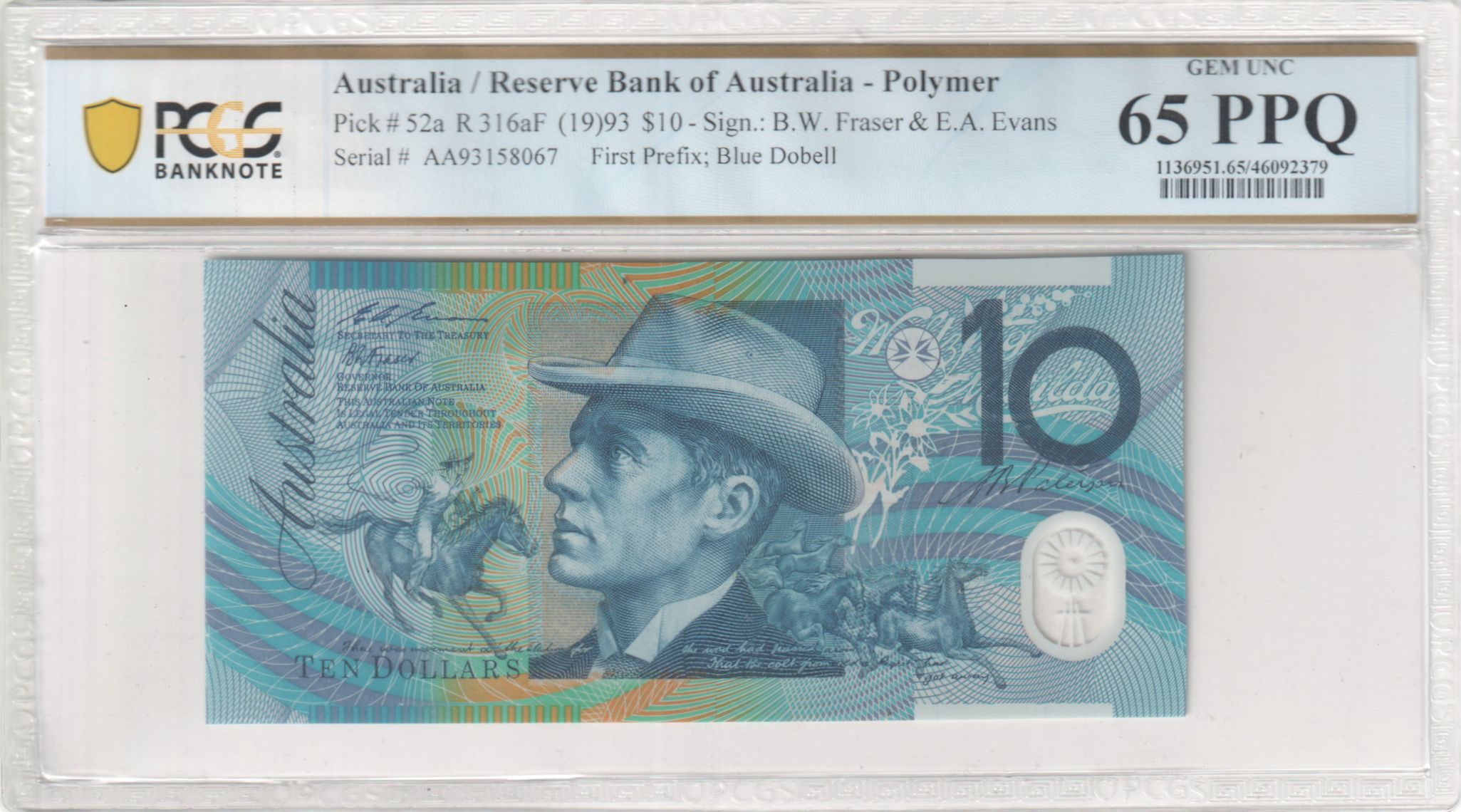1993 $10 Fraser/Evans Gem Unc 65 PPQ First Prefix