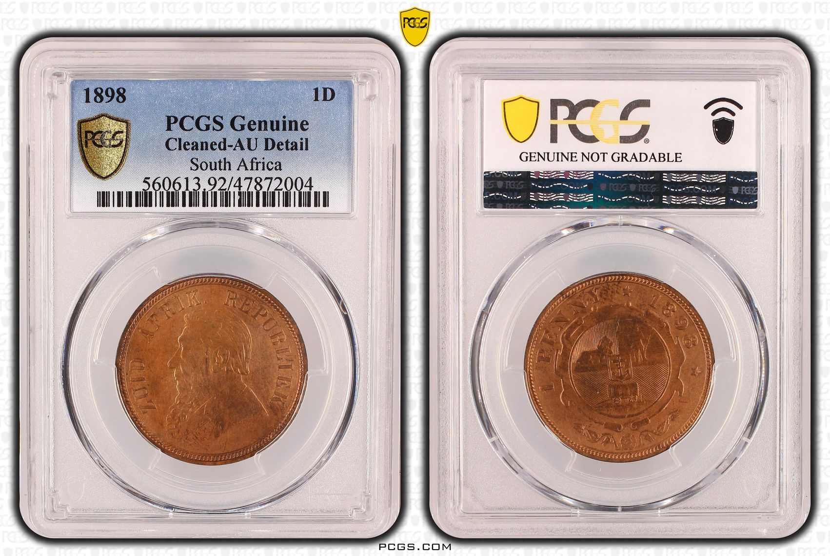 South Africa, Penny, 1898, PCGS Genuine - AU Details (92 - Cleaned)