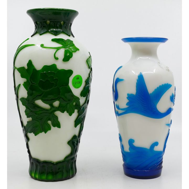 2pc Chinese Green and Blue Carved Peking Glass Vases 8'' and 9.5''
