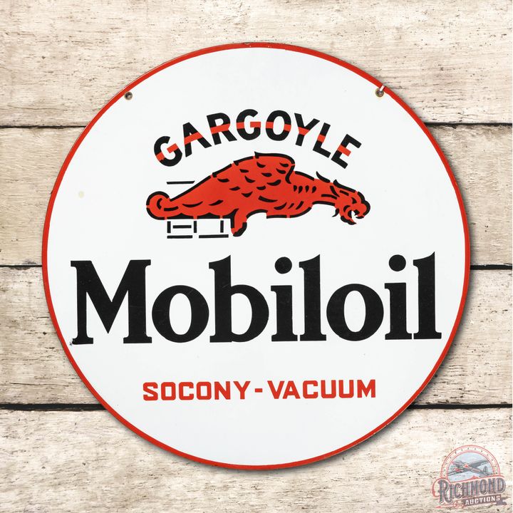 24" Mobiloil Gargoyle Socony-Vacuum Porcelain Sign TAC 9.5 & 9
