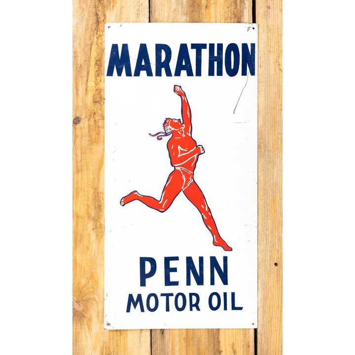 Unmarked A-M Marathon Penn Motor Oil w/ Runner Logo Single Sided Metal Sign TAC 8.25