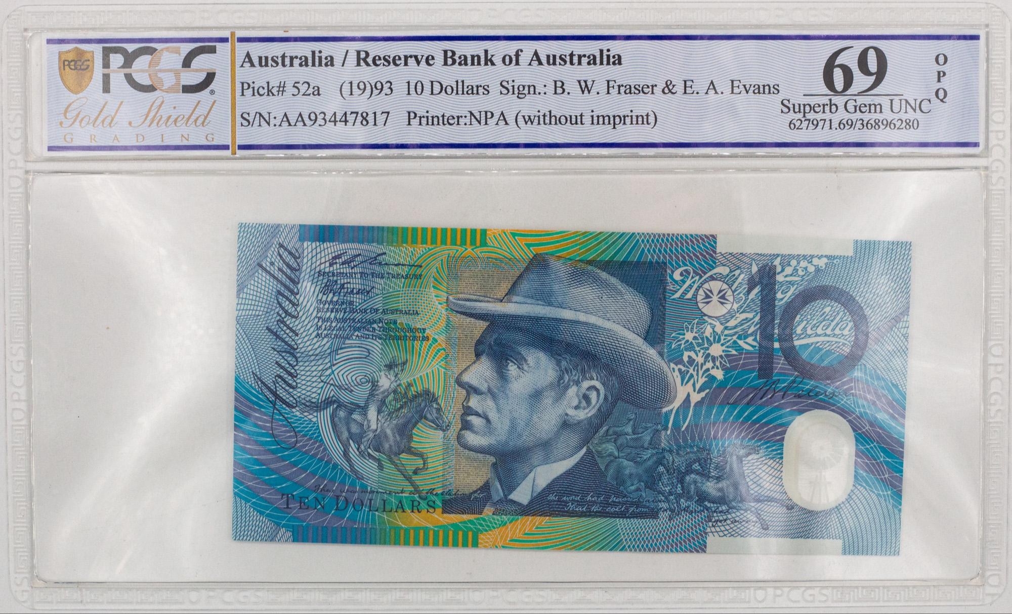 172 · RBA, Polymer, NPA (w/o imprint), Sign.: B.W. Fraser & E.A. Evans, Blue Dobell, Ten Dollar, 1993, PCGS - Superb Gem UNC 69 PPQ