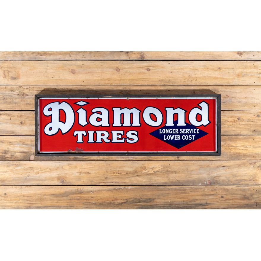 Diamond Tires "Longer Service Lower Cost" Single Sided Porcelain Sign & Wood Frame TAC 8.75