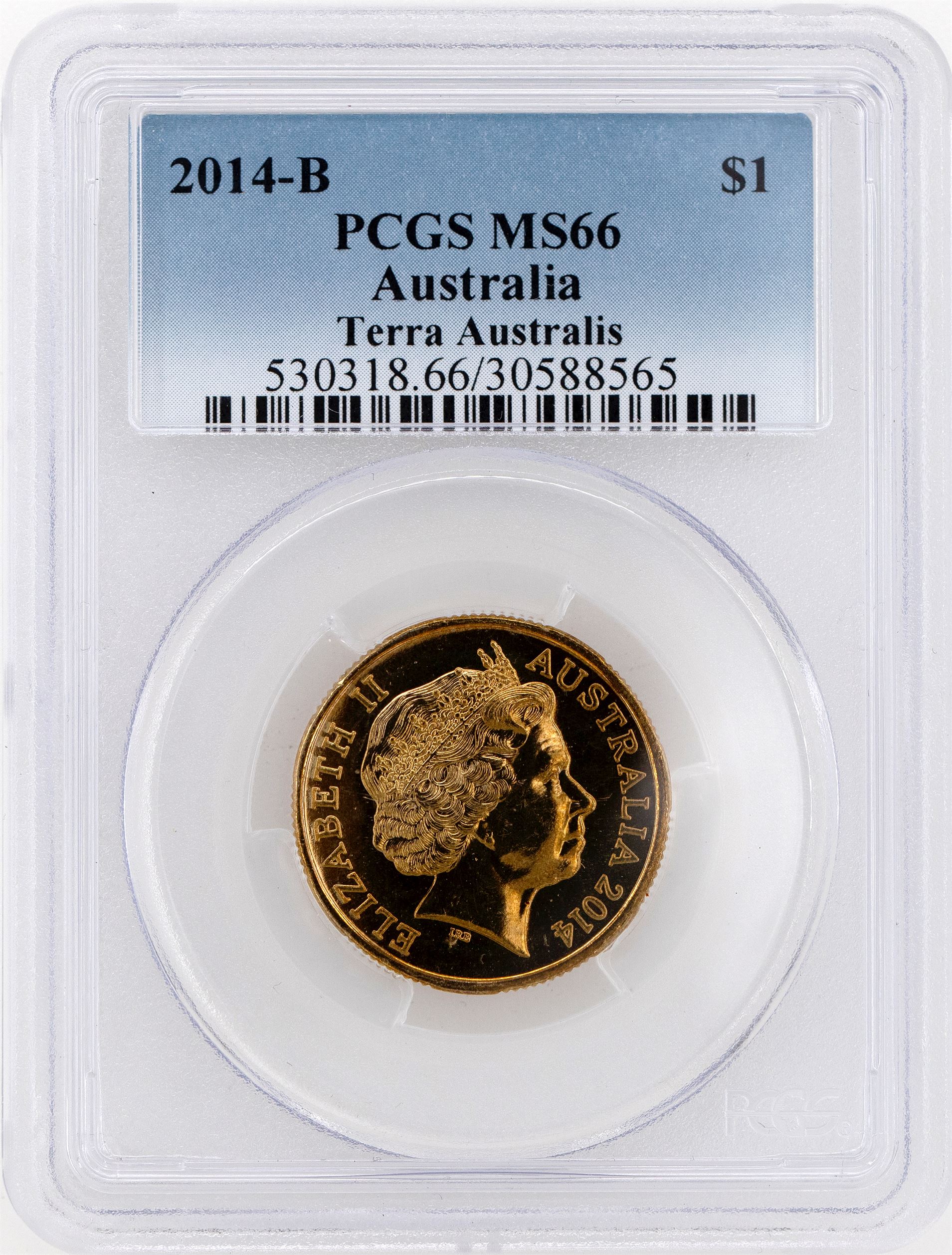 2014-B Australia One Dollar, $1 A Voyage to Terra Australis Privy Mark PCGS - MS66 -565
