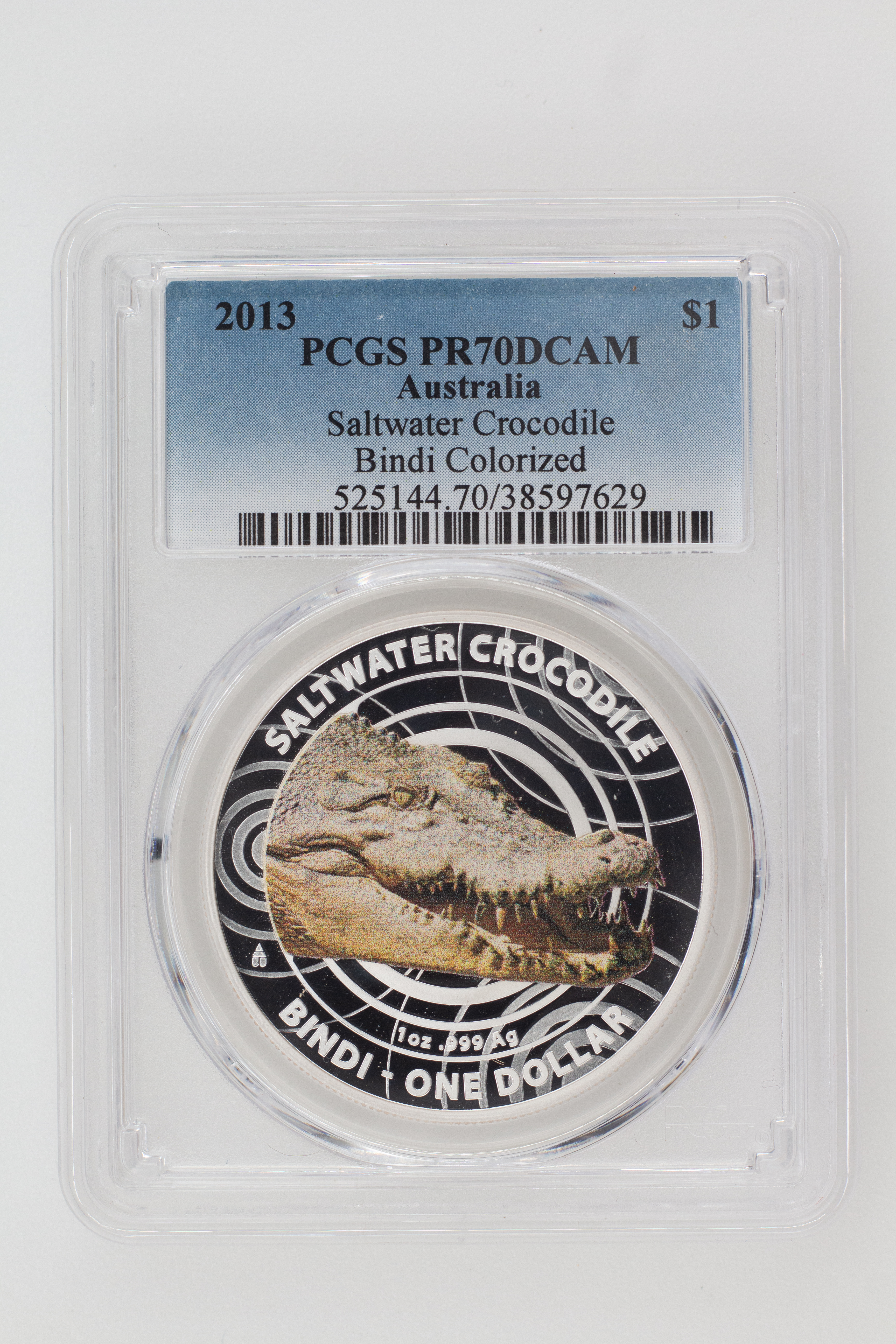 2013 Australia One Dollar, $1 Silver Proof Saltwater Crocodile - Bindi Colorized PCGS - PR70DCAM POP 1/0 -629
