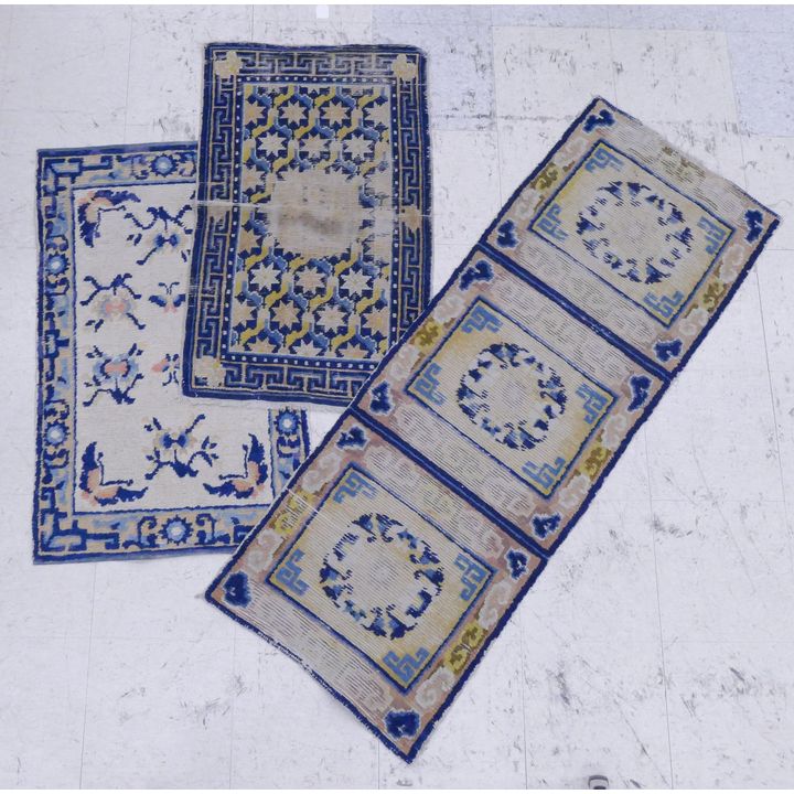 3pc Old Chinese Blue Border Rug Mats- 3'3'' x 2' and 5'1'' x 1'11''