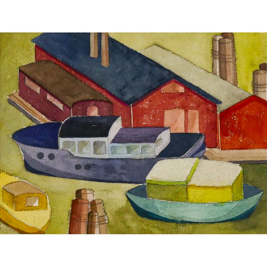 Henry Wentz ''Boatyard'' Watercolor Matted 15''x17'' - Unsigned
