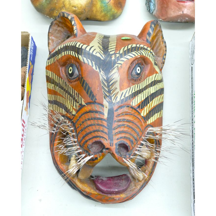 Old Mexican Painted Wood Tiger Mask 13''