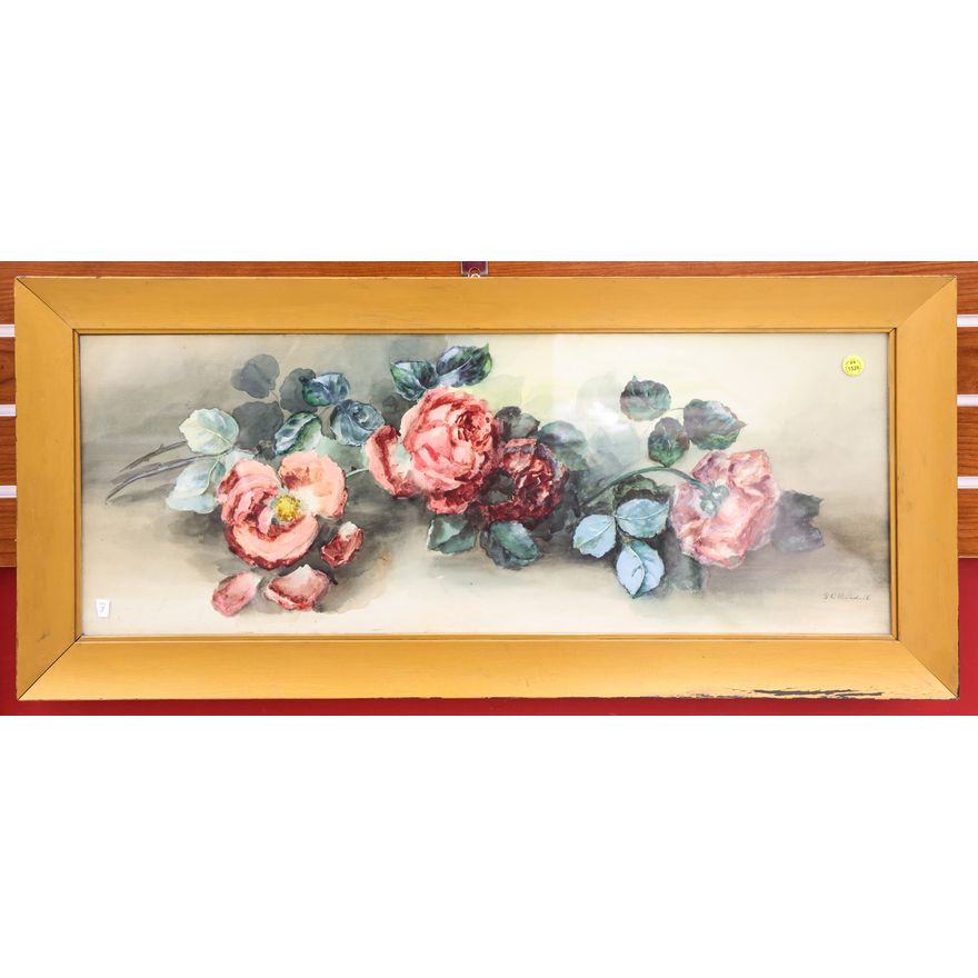 Antique George C. Randall (WA) ''Roses'' Watercolor Framed 15.5''x34''