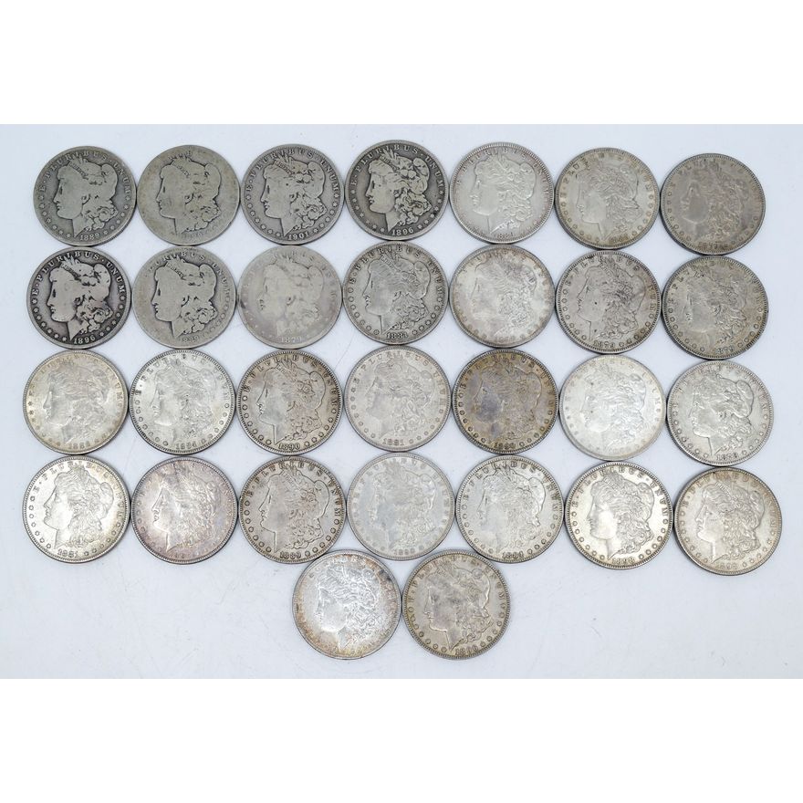 Box 30pc US Morgan Silver Dollars - Assorted Dates, includes 1878-S and 1889-S