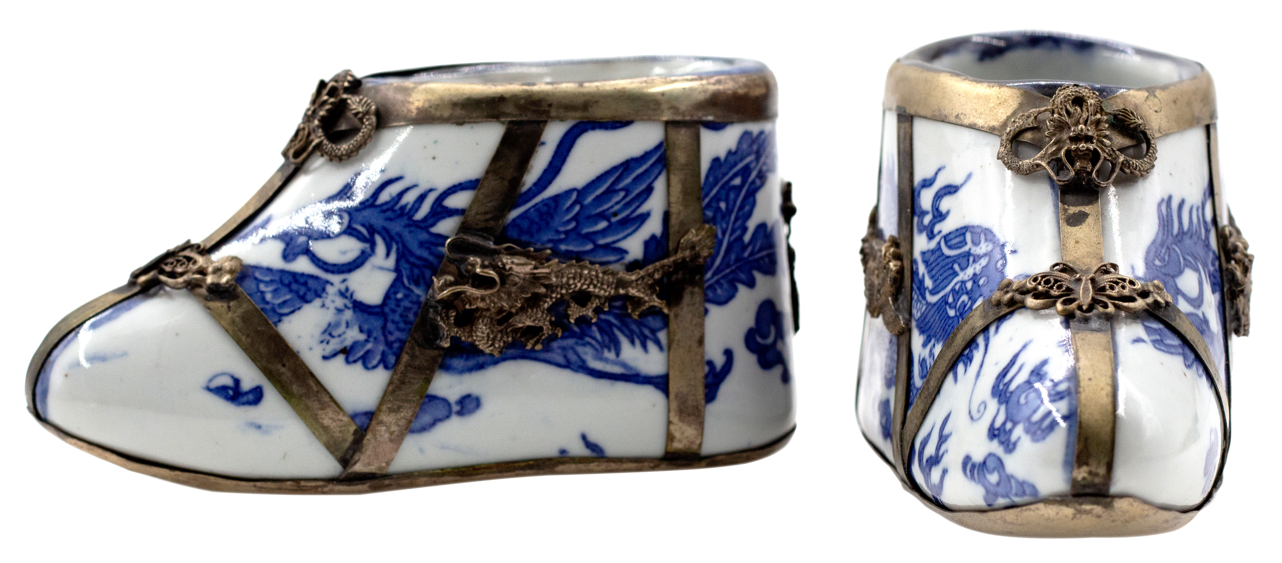 285 · China, Empire, Qing Dynasty, Qianlong Miniature Porcelain & Silver Shoes, c.1900, VGC