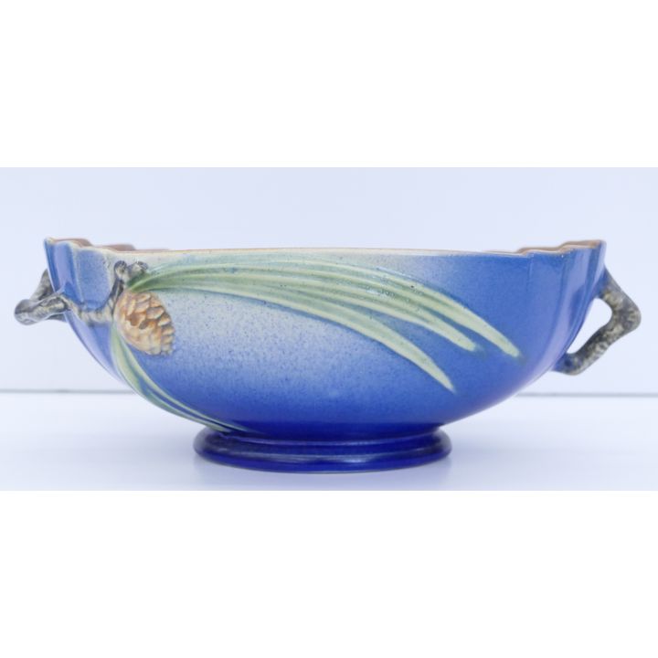 Roseville Blue Pinecone Pottery Handled Console Bowl 10.5''