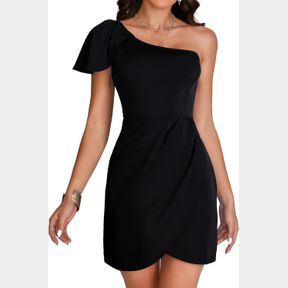 ROOSCIER WOMEN'S ONE SHOULDER RUFFLE CAP SLEEVE RUCHED WRAP SLIT BODYCON MINI DRESS (RED- XL)