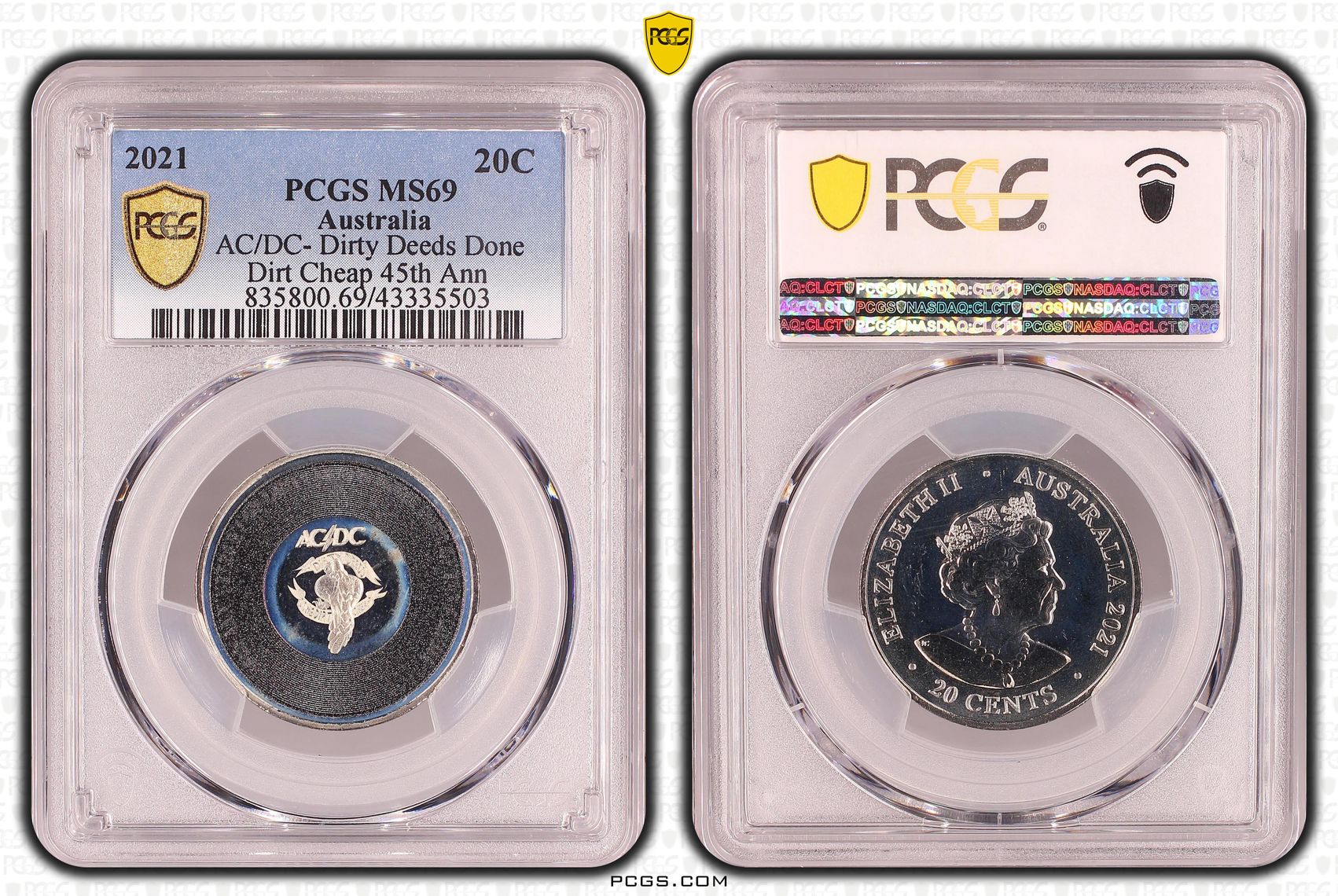 AC/DC- Dirty Deeds Done Dirt Cheap 45th Anniversary, Twenty Cent, 2021, PCGS MS69