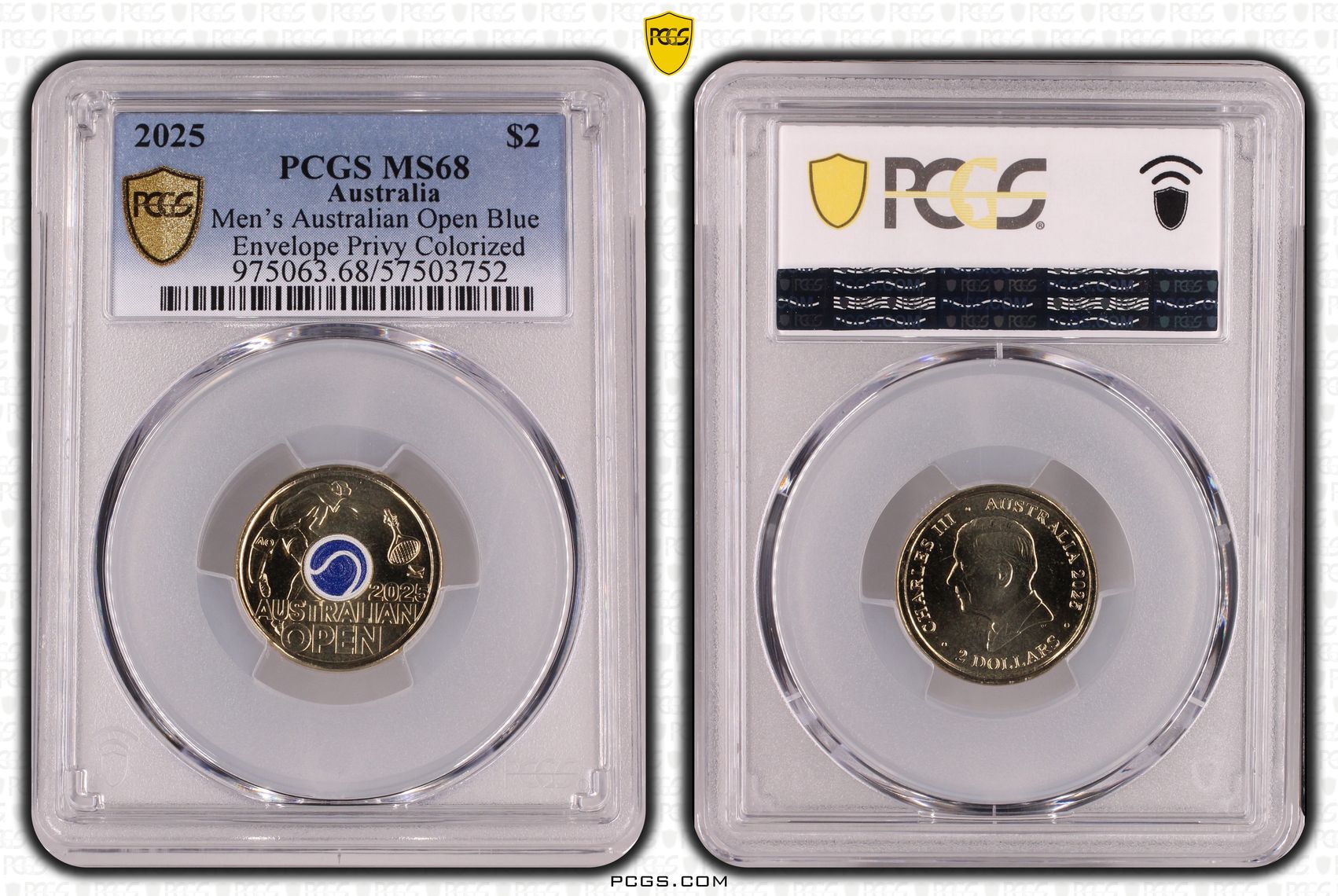 Men's Australian Open Blue Envelope Privy Colourised, Two Dollar, 2025, PCGS MS68