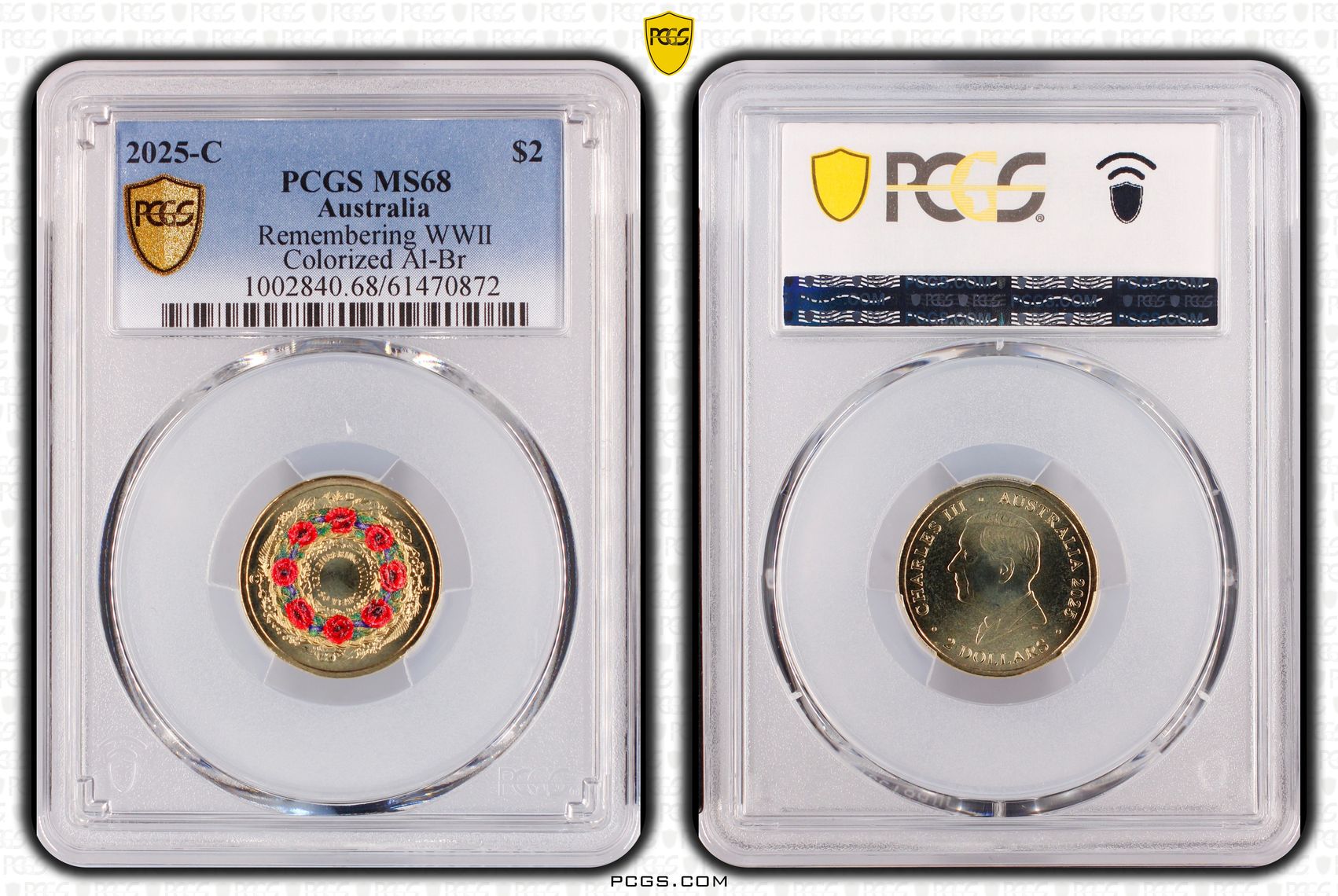Remembering WWII Colourised AlBr, Two Dollar, 2025-C, PCGS MS68