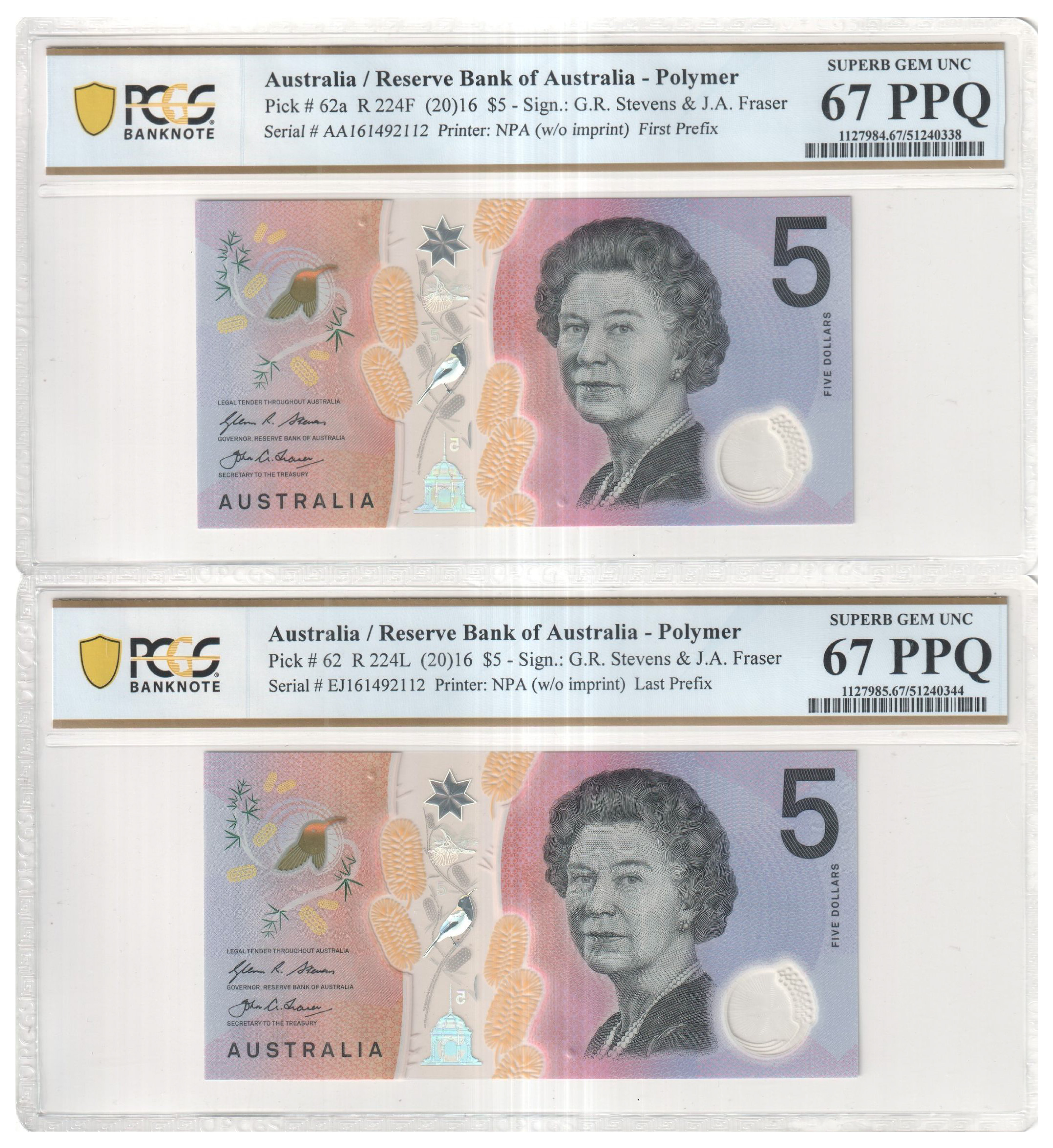 22 · Stevens/Fraser, First/Last Prefix Pair, Five Dollar, 2016, PCGS 67 PPQ