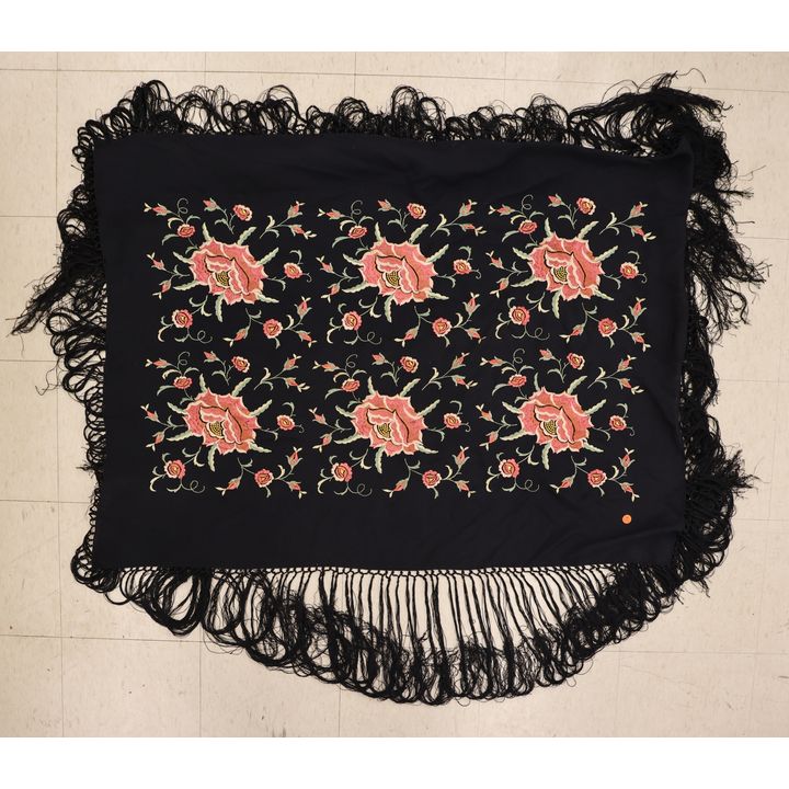 Old Floral Silk Embroidered Piano Shawl 3'x4' Approx.